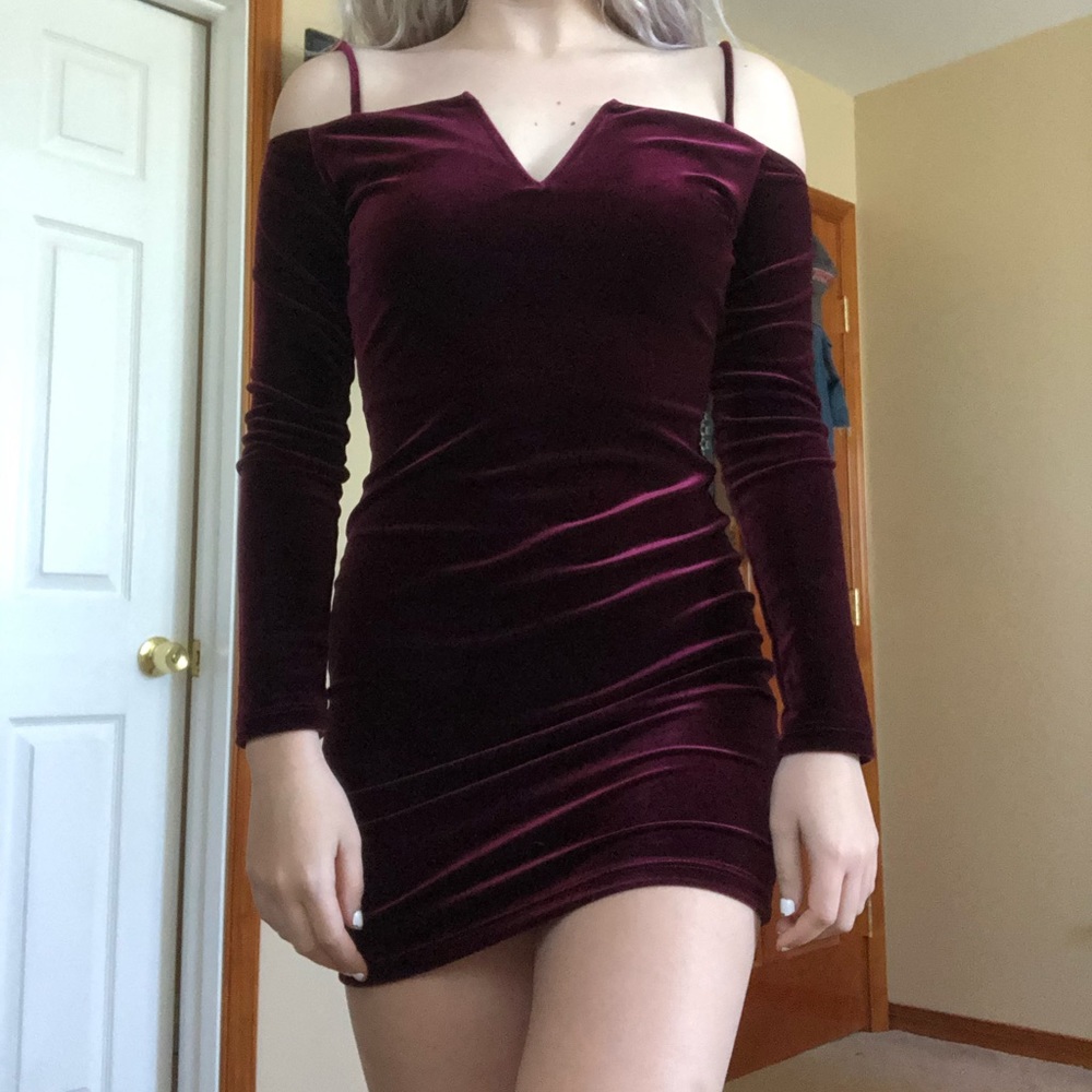 Maroon velvet off the shoulder dress